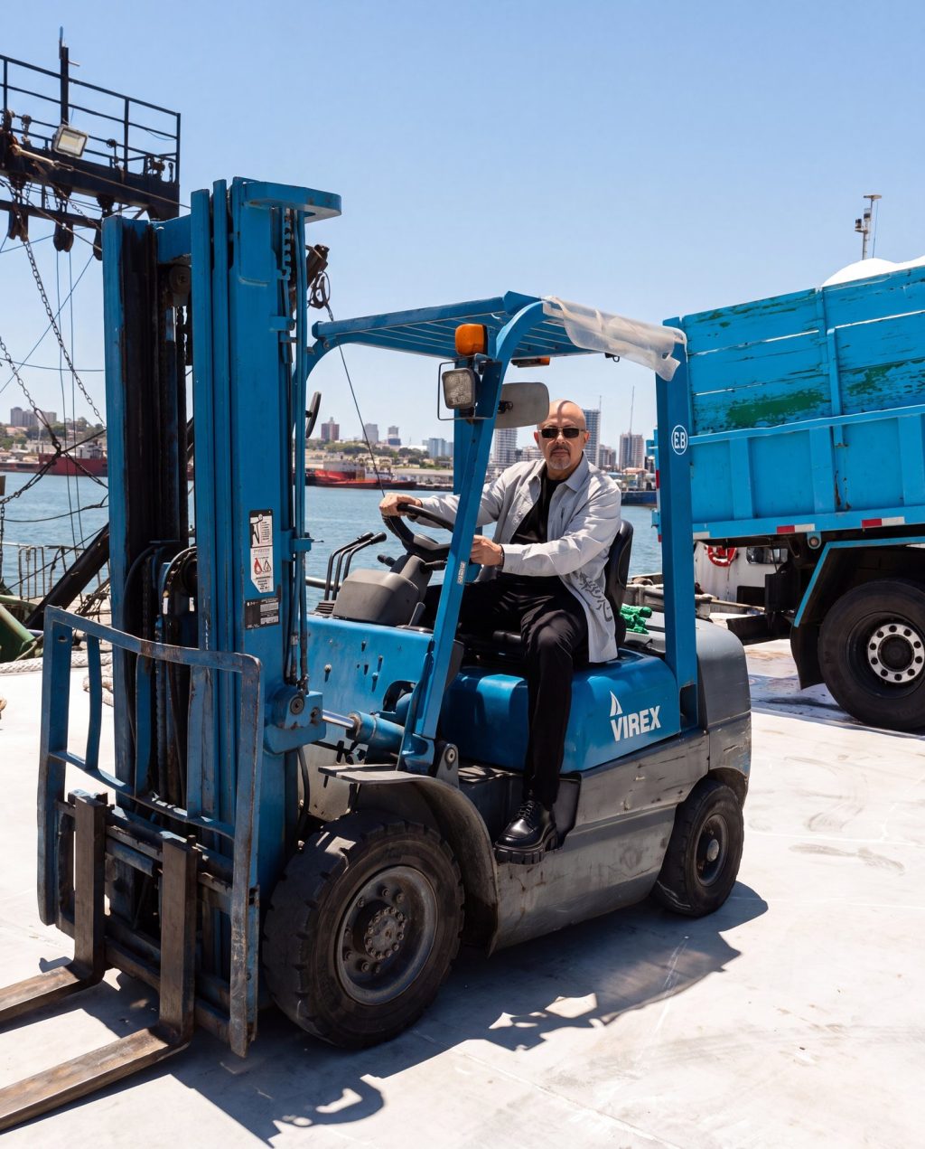 Egemen Mustafa Şener limanda forklift üzerinde