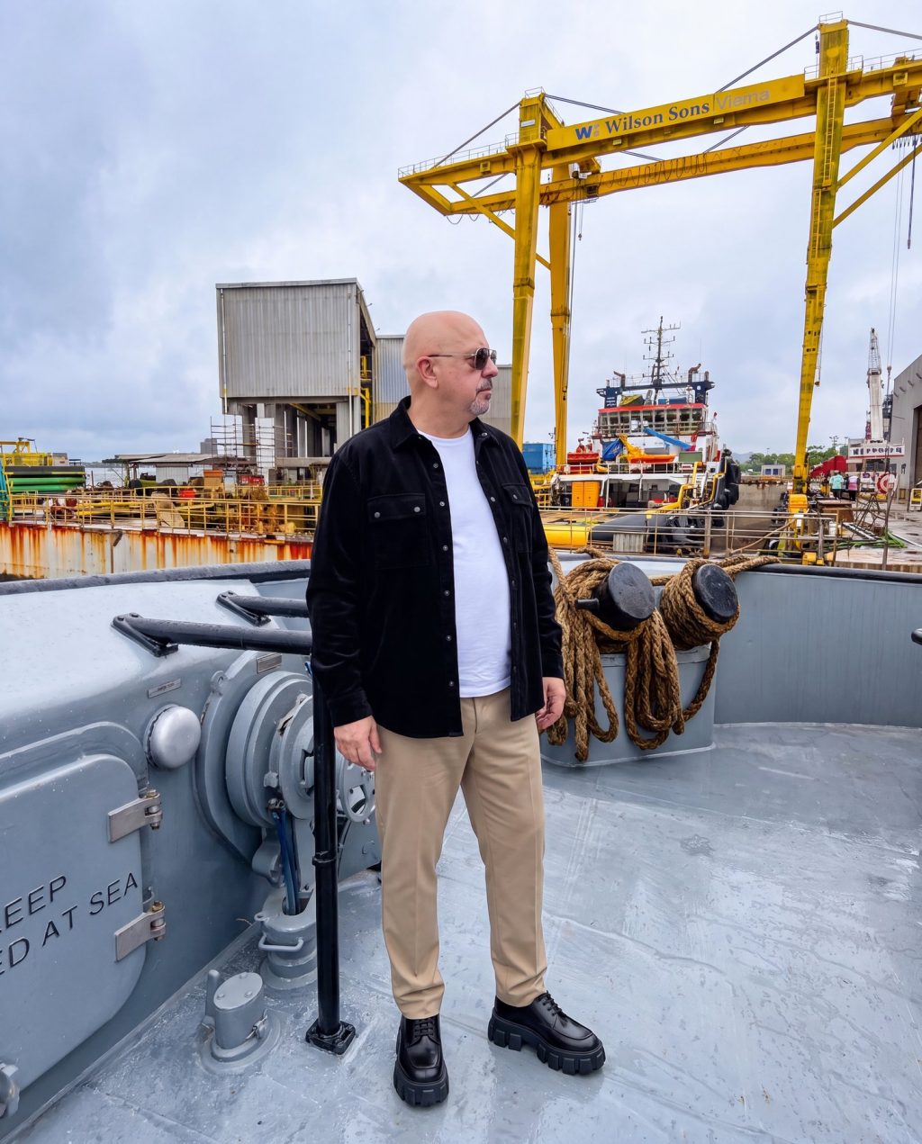 Egemen Mustafa Şener Recife limanında Wilson Sons vincinin önünde